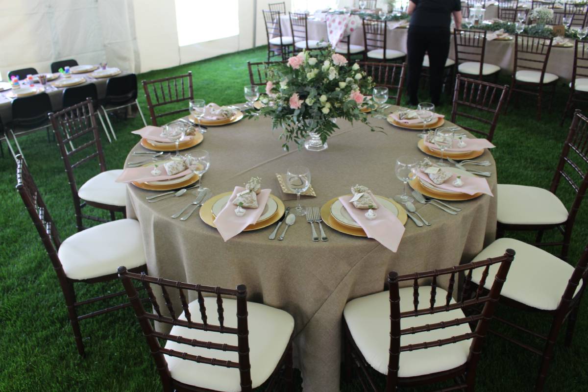 Table 60" Round Wood Topped With 120" Round Faux Burlap Tablecover